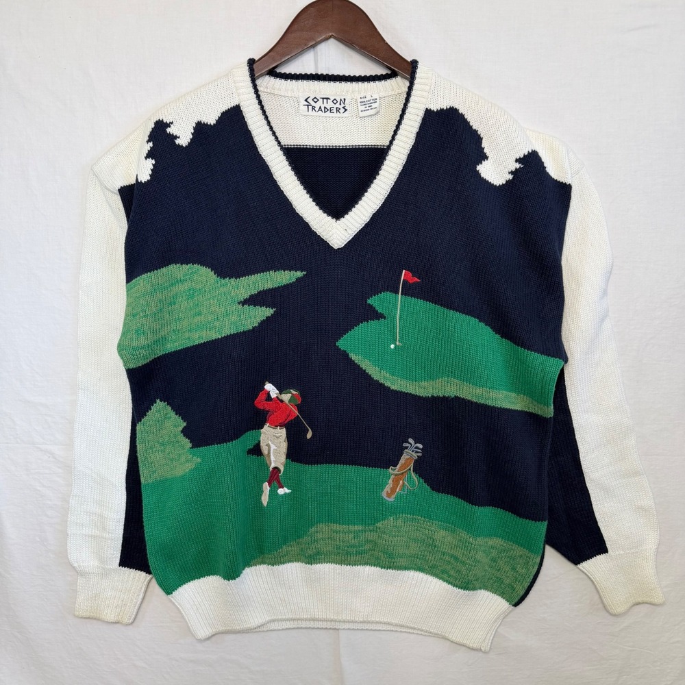 Vintage Cotton Traders Golf Sweater Mens L 100% Cotton V‎ Neck Hong Kong